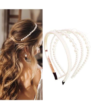 NAISIER 4 Pieces Pearls Headbands White Faux Pearl Rhinestones Headbands Bridal Hair Hoop Wedding Hair Fashion Hair Accessories for Women and Girls.
