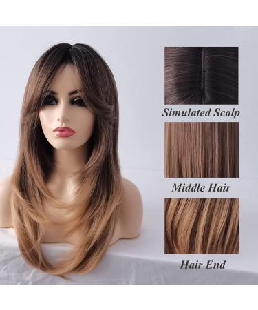 Sylhair 22 Long Brown Layered Synthetic Wig for Women | Ombre Brown-Dark Root Wigs - Buy Online on GoSupps.com