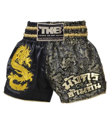 TOP KING Boxing Muay Thai Shorts Trunks Normal Style Black/Gold Dragon Large