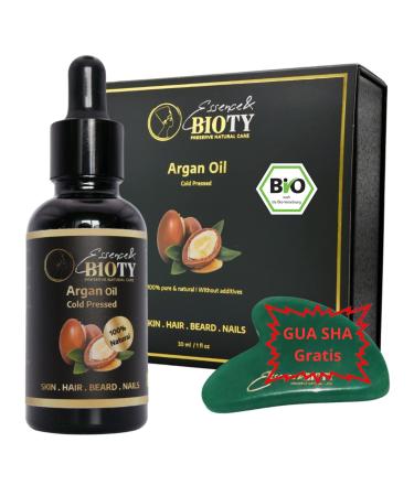 Essence & Bioty Argan Oil 30 ml - Cold Pressed 100% Pure in Miron Glass Bottle with Pipette + GUA SHA Stone: Nourishing Oil for Skin Hair Face