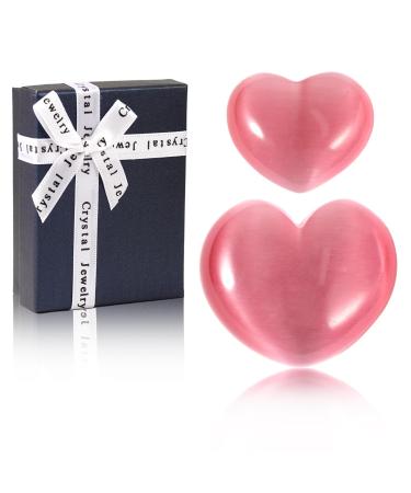 Soulnioi Healing Crystal Pink Cat's Eye Crystal Heart Shape Gemstone Love Pocket Plam Stone Worry Stones Tumbled Stones for Reiki Meditation Therapy Birthday Gift - 2Pcs(3cm & 4.5cm) Pink Cat Eye's_2pcs