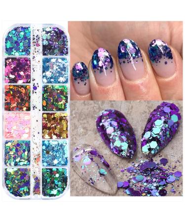 Holographic Nail Art Glitter Flakes - 12 Grids | Hexagon Sequins for Manicure Decoration - Buy Online on GoSupps.com