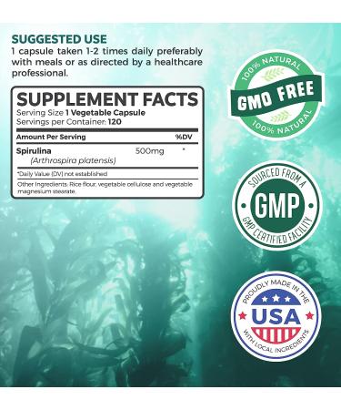 California Spirulina Capsules 500mg - 120 Vegetarian Capsules with Non-GMO Blue Green Algae Superfood - Gluten Free & Non-irradiated - Buy Online on GoSupps.com