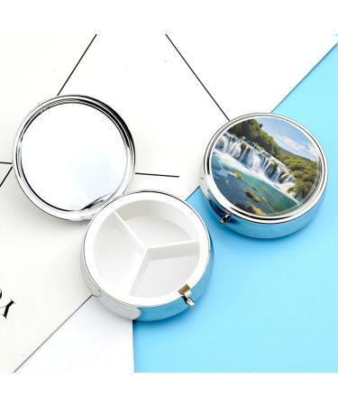 Round Pill Box - Krka River Waterfalls Print | 3 Compartment Medicine Organizer | Decorative Portable Pocket Pill Case - Buy Online on GoSupps.com