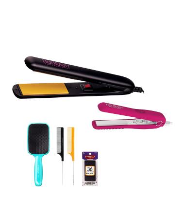 Hot Beauty Ceramic Flat Irons 2-in-1 Value Pack 1" and Mini 1/2" with Free Travel Pouch, 2pcs Combs, Detangling Brush, 36pcs Elastic Band Set Value Set