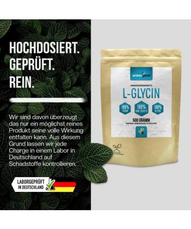 aminopure Pure L-Glycine Powder - 100% Vegan and No Unnecessary Additives - Certified for Harmful Substances in Laboratory with Certificate - 500g - Buy Online on GoSupps.com