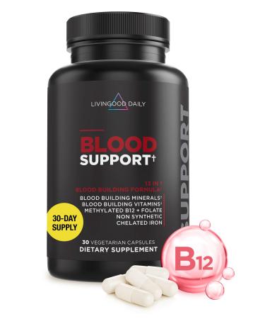 Livingood Daily Iron Supplement for Women & Men Blood Support Formula with Chelated Iron Methylated B12 Vitamin C Zinc & Folate Vegan Non GMO Gluten Free Allergen Free 30 Capsules
