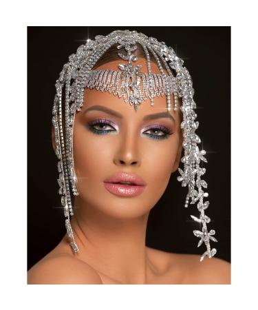 STONEFANS 1920s Rhinestone Headpiece Cap Bridal Flapper Head Chain Headband Gatsby Prom Cleopatra Hair Accessories for Women Silver1