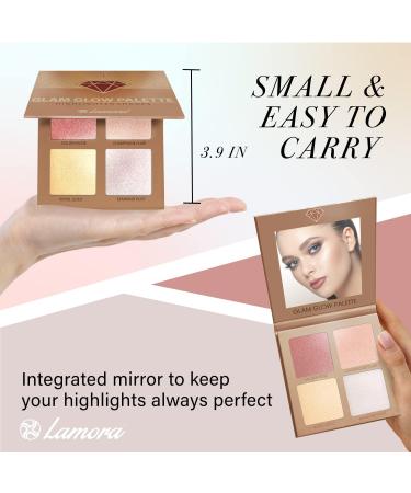 Highlighter Makeup Palette Face Powder Kit - With Mirror For Light To Medium Dark Skin - 4 Highly Pigmented Shimmer Colors For Highlighting and Contouring - Vegan Cruelty Free And Hypoallergenic Gold - Buy Online on GoSupps.com