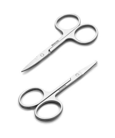 Facial Hair Small Grooming Scissors For Men Women - Eyebrow, Nose Hair, Mustache, Beard, Eyelashes, Ear Trimming Kit - Curved and Rounded Safety Tip Clippers For Hair Cutting - Stainless Steel 2PCS