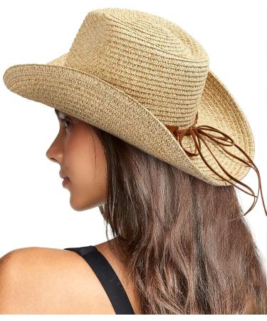 UPF 50+ Wide Brim Straw Sun Hat with Wind Lanyard - Beige/Brown, One Size - Buy Online on GoSupps.com