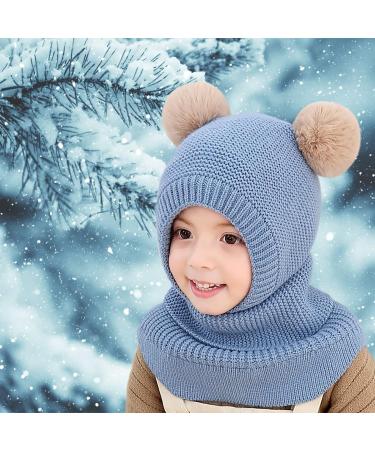 Kids Winter Warm Knitted Hood Hat with Double Pom Pom Design - Blue | Fleece Lined Earflap Beanie Cap for Toddlers Boys Girls 1-3 Years - Buy Online on GoSupps.com