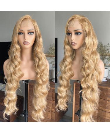LOLYDEER Honey Blonde 13x4 Lace Front Wig 32 Inch Loose Wave Brown Blonde Mixed Color Glueless Synthetic Lace Front Wig Pre Plucked Blonde Wigs For Black Women HD Lace 150% Density Long Blonde Wig sandstone