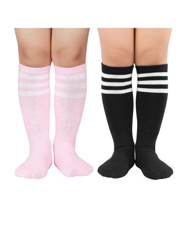 Century Star Kids Child Soccer Socks Uniform Socks Girls Toddler Knee High Socks Tube Socks with Stripes for Girls Boys One Size 02 Pair Pink Black White