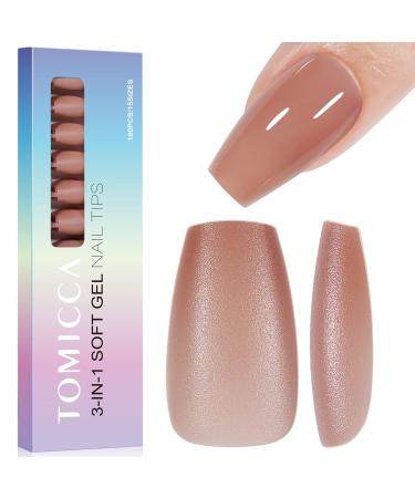 Tomicca nail tips 180 pieces -Short ballerina press on nails 3 in 1 nail tips pre -colored full cover and preformed full base coat nail tips for nail art nail extensions in 15 sizes Dunk nude dark nude brief ballerina