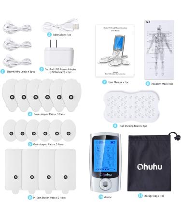 Ohuhu Tens Unit Muscle Stimulator 24 Modes Rechargeable Machine with 16 Pads for Pain Relief - Silver | Mother Father's Day Gift - Buy Online on GoSupps.com