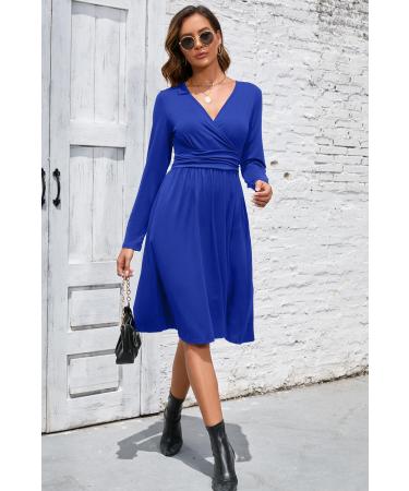 OUGES Women's Spring Casual Midi Dress | Long Sleeve V-Neck Floral Wrap Dress | Pockets | Blue - Buy Online on GoSupps.com