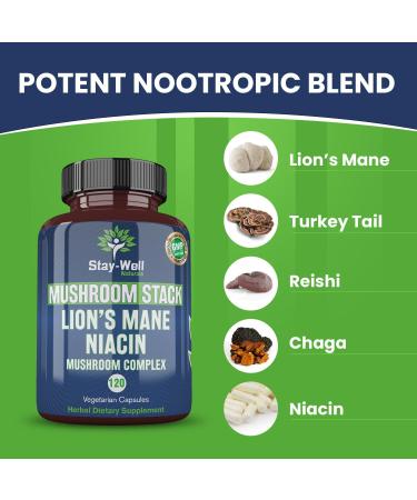 Stay-Well Naturals Lion Mane Mushroom Supplement Capsules with Niacin | Mushroom Complex Capsules with Turkey Tail Mushrooms Chaga Mushroom and Reishi Mushroom Extract Mushroom Supplement Capsules - Buy Online on GoSupps.com