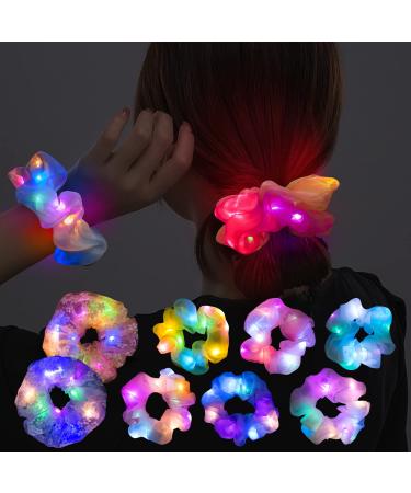 8 Pcs LED Scrunchies for Women - Led Glow Hair Bands, Light Up Hair Scrunchy for Girls, Colorful Yarn Hair Tie Multi Light Modes, Glow in the Dark Hair Accessories for Halloween Rave Glow Party (#01)