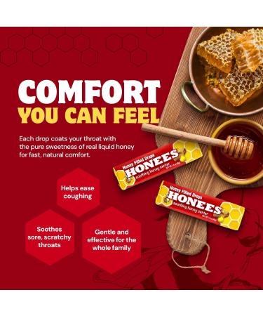 Honees Honey Filled Drops, Honey Cough Drops with Real Honey-Natural Sore Throat Relief-Nothing Artificial-Throat Coat Lozenges, Natural Cough Suppressant, Non-GMO (6 Pack 54 Drops) Honey 6 Pack-54 Drops - Buy Online on GoSupps.com