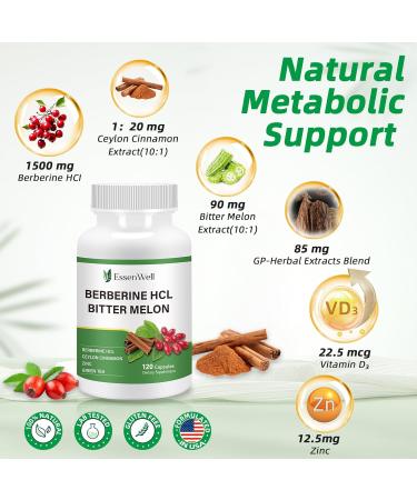 EssenWell Berberine Supplement with Ceylon Cinnamon - 120 Capsules Berberine HCL 1500mg & Berberine HCL - Buy Online on GoSupps.com