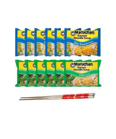 Ja Cor Instant Ramen Noodle Soup Variety Pack 2 Flavors (6) Soy Sauce (6) Chili Flavor Noodles 3 oz. Bundle with 1-Set of Reusable Stainless Steel Chopsticks (12 Individual Packs)