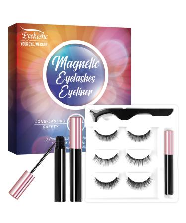 Natural Look Magnetic Eyelashes with Eyeliner Kit, EYEKESHE Short Magnetic False Lashes with Applicator-Upgraded Eyeliner,Reusable,Easy to Remove and No Glue Needed(3 Pairs) Natural 3 Pairs