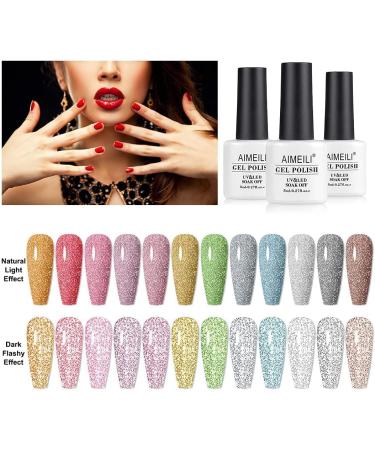 AIMEILI Reflective Glitter Gel Nail Polish 8ml 12 Colours Glitter Gel Polish Soak Off UV LED Holographics Sparkly Shinny Effect Gel Nail Varnish Manicure Gift Set Kit 7 KIT12-7_8ML 0.67 ml (Pack of 12) - Buy Online on GoSupps.com