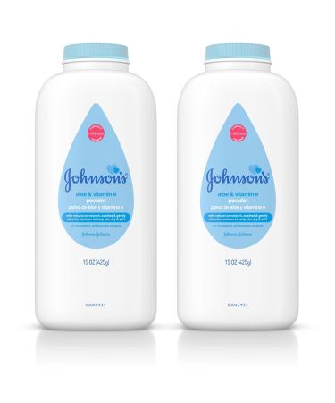 Johnson's Baby Powder, Naturally Derived Cornstarch with Aloe & Vitamin E for Delicate Skin, Hypoallergenic and Free of Parabens, Phthalates, and Dyes for Gentle Baby Skin Care, 15 oz (Pack of 2) Aloe & Vitamin E 15 Ounce