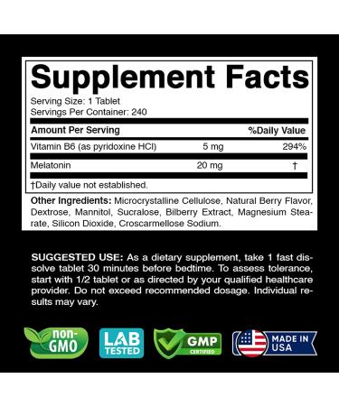 Vitabod Melatonin 20mg - 240 Fast Dissolve Tablets | Drug-Free & Natural Berry Flavor | Vegetarian, Non-GMO, Gluten-Free | 240 Count - Buy Online on GoSupps.com