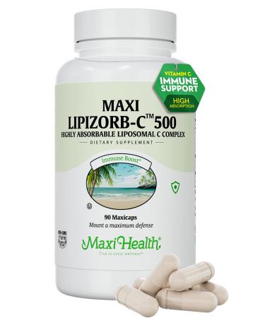 Maxi Health Liposomal Vitamin C 500mg Capsules with Digestive Blend Highly Absorbable High Dose VitaminC Non GMO Kosher Vegetarian Doctor-Formulated Immune Support Supplement (90 Count) Unflavored 90 Count (Pack of 1)