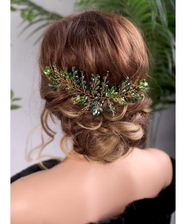 Kercisbeauty Bride Hair Accessories Green Crystal Hair Vine Gold Headband Evening Party Prom Women Hair Piece Vintage Wedding Rose Gold