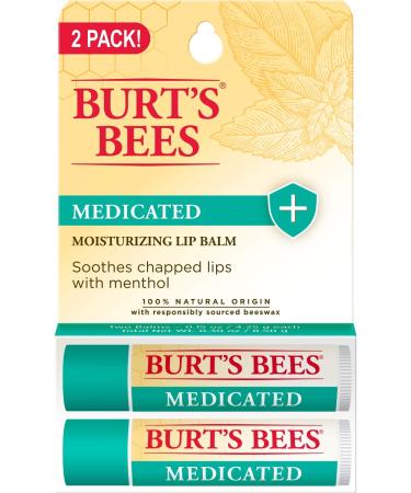Medicated Lip Balm Stocking Stuffer, Burt's Bees Moisturizing Lip Care Holiday Gift, for Dry Chapped Lips, All Natural, with Menthol & Eucalyptus (2 Pack) Medicated 2 Count (Pack of 1)