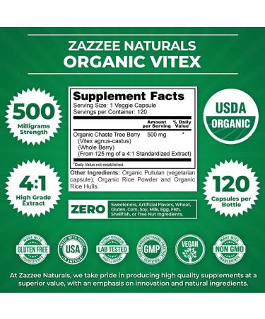 Zazzee USDA Organic Vitex 500mg - 120 Vegan Capsules | Certified Organic, Potent Extract, Non-GMO - Buy Online on GoSupps.com