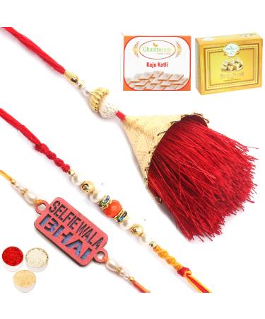 Ghasitaram Gifts Rakhi for Brother Rakhis Online - Set of 3 Bong of Blessings Bhaiya Bhabhi Rakhi and Selfiewala Bhai Kids Rakhi with 200 GMS of Kaju katli and 200 GMS of Soan Papdi