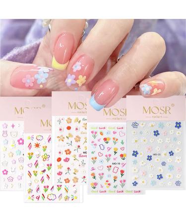 SHUBEIEUMI Nail Stickers for Nail Art 5 Sheets 3D Embossed Spring Flowers Nail Art Stickers Decals Self-Adhesive Nail Supplies Nail Art Decoration Accessories
