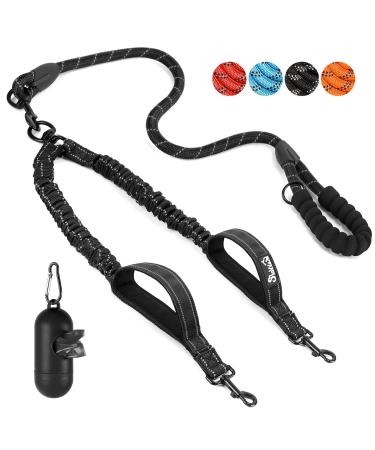 Eyein double linen for 2 dogs dog leash for large dogs flexible and reflective healing -free dog leash with 2 padded handles for dogs from 11 to 68 kg (black) black 2 handles - l (total weight 11-68kg)