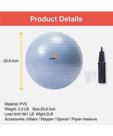 Primasole 25.6 Exercise Ball for Balance Stability | Yoga, Pilates, Fitness | Pale Gray w/ Inflator Pump | Home, Office, Gym - Buy Online on GoSupps.com