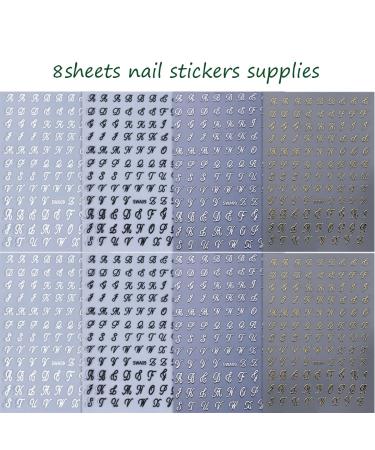 8 Sheets Retro English Letters Nail Stickers | 3D Self-Adhesive Nail Decals for DIY Manicure | Black White Gold & Silver Designs | Perfect for Women - Buy Online on GoSupps.com