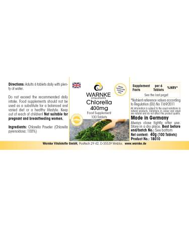 Chlorella Tablets 400mg - Pure Vegan Chlorella Vulgaris with Chlorophyll - 100 Additive-Free Tablets | Warnke Vital Substances - German Pharmacy Quality - Buy Online on GoSupps.com