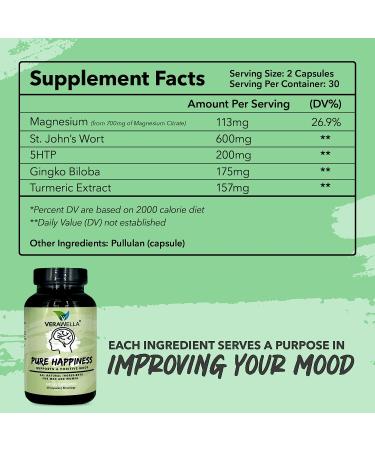 VeraWella Pure Happiness Mood Boost Capsules - All-Natural Stress Support with St. Johns Wort, 5HTP, Turmeric & Ginkgo Biloba - 60 Capsules - Buy Online on GoSupps.com