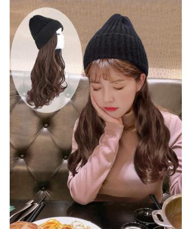BGHJUE Wig female long hair hat wig one female autumn and winter fashion knitted wool natural long curly hair full headgear