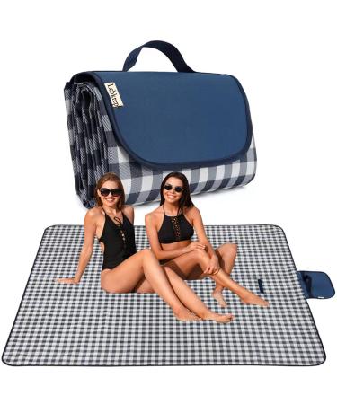 Lchkrep Picnic Blanket Beach Blankets 80"x57" Large Sandproof Waterproof Camping Portable Travel Blanket Play Mat for Outdoor Indoor Family Beach Park Grass,Hiking, Music Festival (Dark Blue Grid)