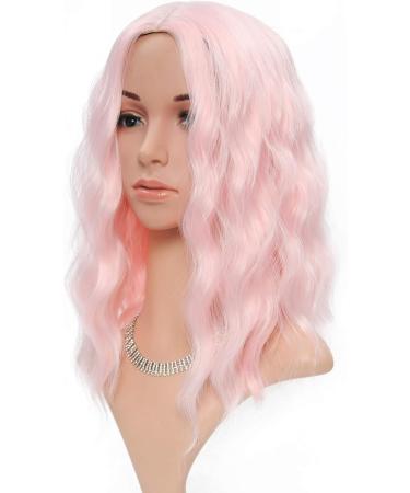 FAELBATY 14 Inch Pink Cosplay Loose Wave Wig - Short Curly Wavy Synthetic Costume Wig for Women - Pastel Pink - Buy Online on GoSupps.com