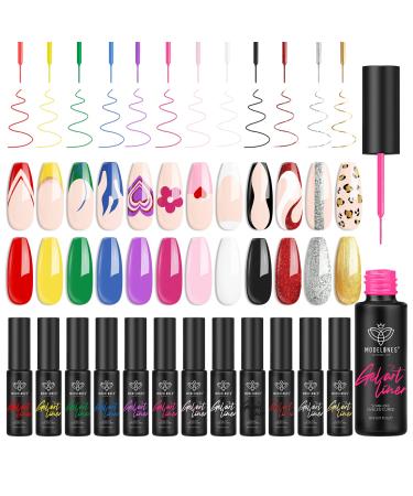 Modelones Gel Polish Nail Art Gel Liner Set-8ml, 12 Colors Black White Red Glitter Silver Gel Nail Polish Gel Liner Nail Art Soak Off U V LED Required Built in Thin Nail Brush for Gel Art Paint Nail Design 12 Colors 001 Set - Buy Online on GoSupps.com