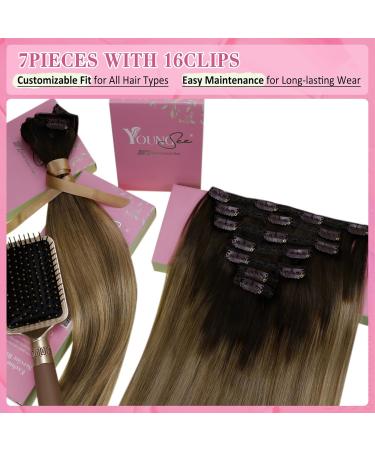 Youngsee Clip-In Real Hair Extensions - 35cm Balayage Dark Brown with Blonde Highlights - 120g #4/10/16 - Premium Quality Hair Recovery - Buy Online on GoSupps.com