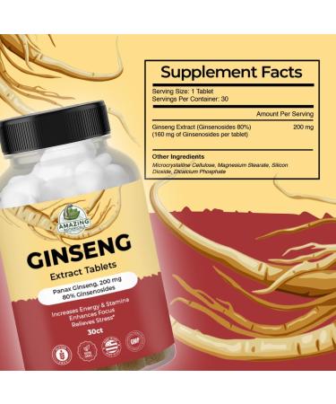 Amazing Botanicals Panax Ginseng Extract Tablets - 200mg Highly Potent 80% Ginsenosides for Energy & Relaxation - Natural Herbal Supplement for Cognitive Booster - 30 Tablets - Buy Online on GoSupps.com