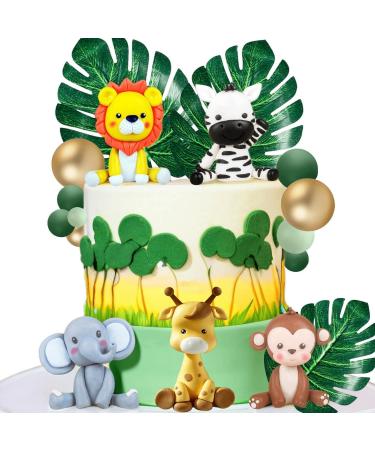 XLENGO 20 PCS Jungle Safari Animal Cake Topper with Lion Giraffe Monkey Elephant Zebra Colourful Balls Leaves Cake Decoration for Baby Shower Safari Birthday Party Supplies