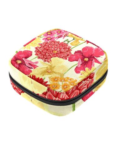 Menstrual Pad Bag with Zipper Ladies Napkin Pouch Tampons Collection Bag for Women and Girls (Watercolor Flowers)