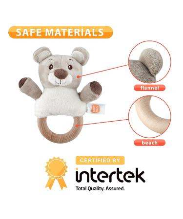 Donty-Tonty Premium Wood Baby Teether Rattle Toy - Grey Bear | Soft Plush Shaker Toy with Natural Wooden Teething Ring | Perfect Easter Gift for Newborns & Toddlers 0-12 Months - Buy Online on GoSupps.com